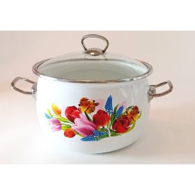   Zománcozott lábas üveg fedővel Tavaszi csokor Happy Cooking 5L RS-1382