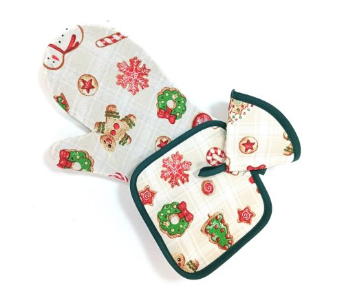 Konyhai szett edényfogó+alátét+fedőfogó karácsonyi mintával Happy Home